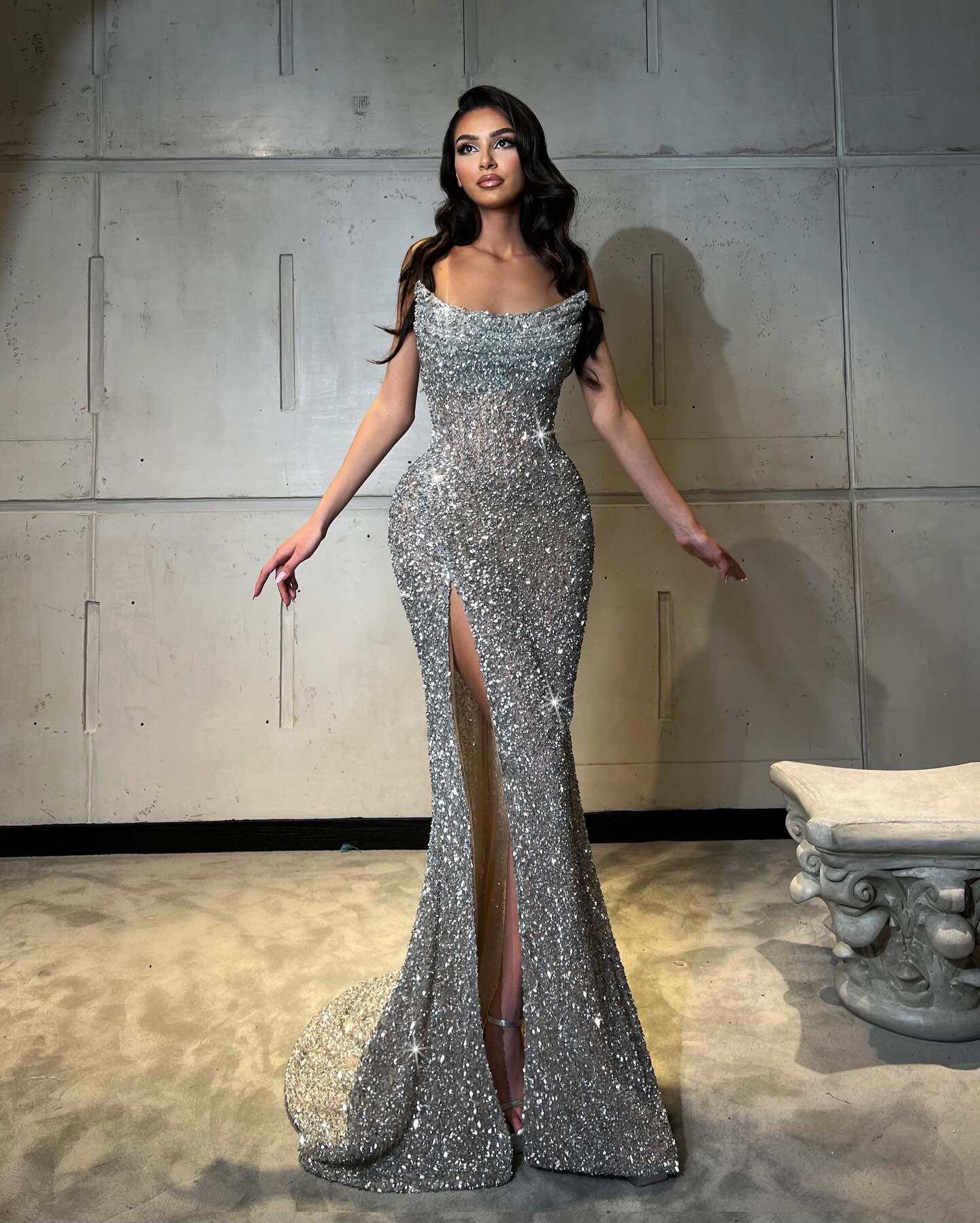 Strapless Sequin Maxi Mermaid Dress Silver HV1759