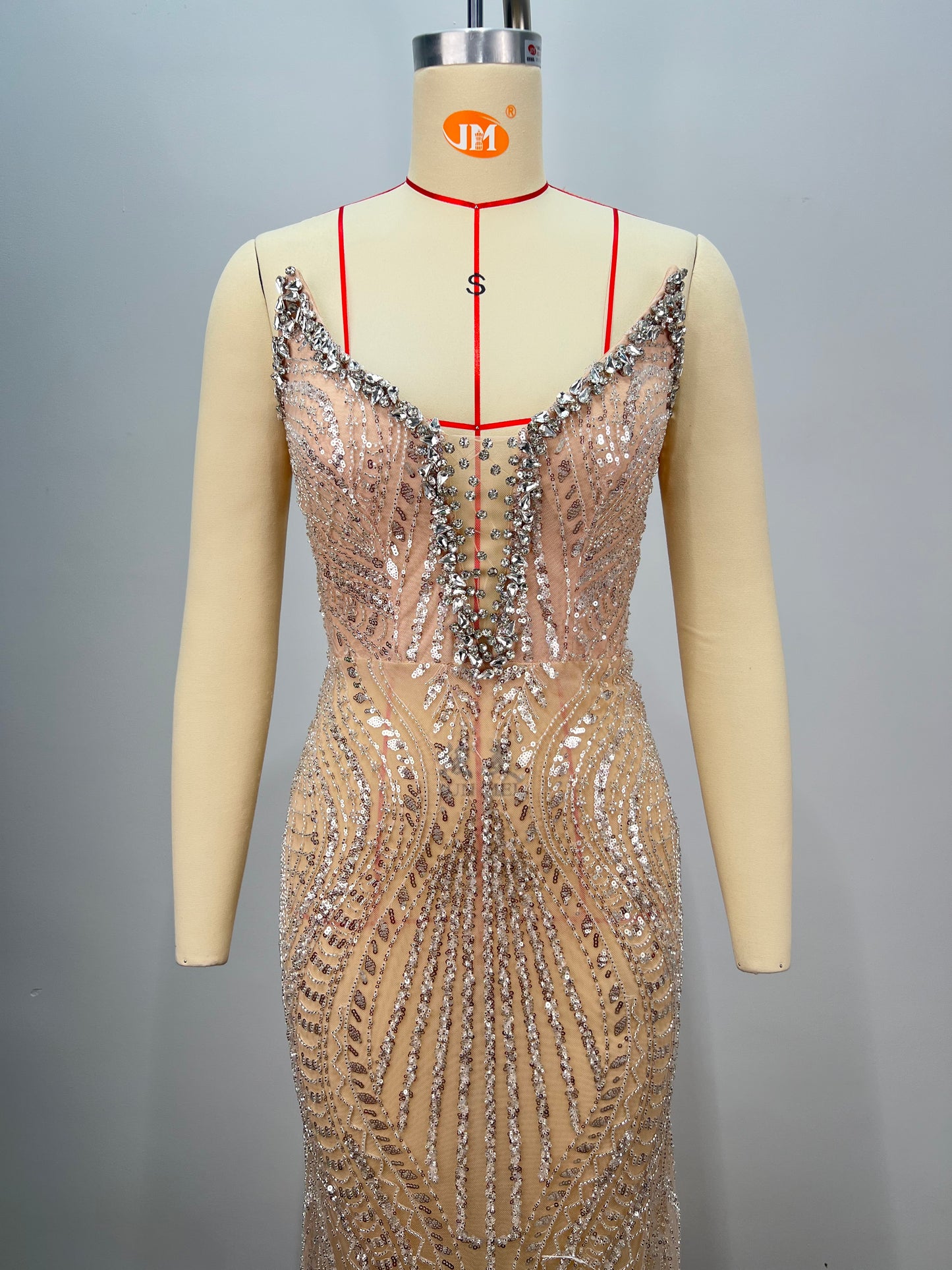 Strapless Crystal Sequin Maxi Dress Nude HV2196