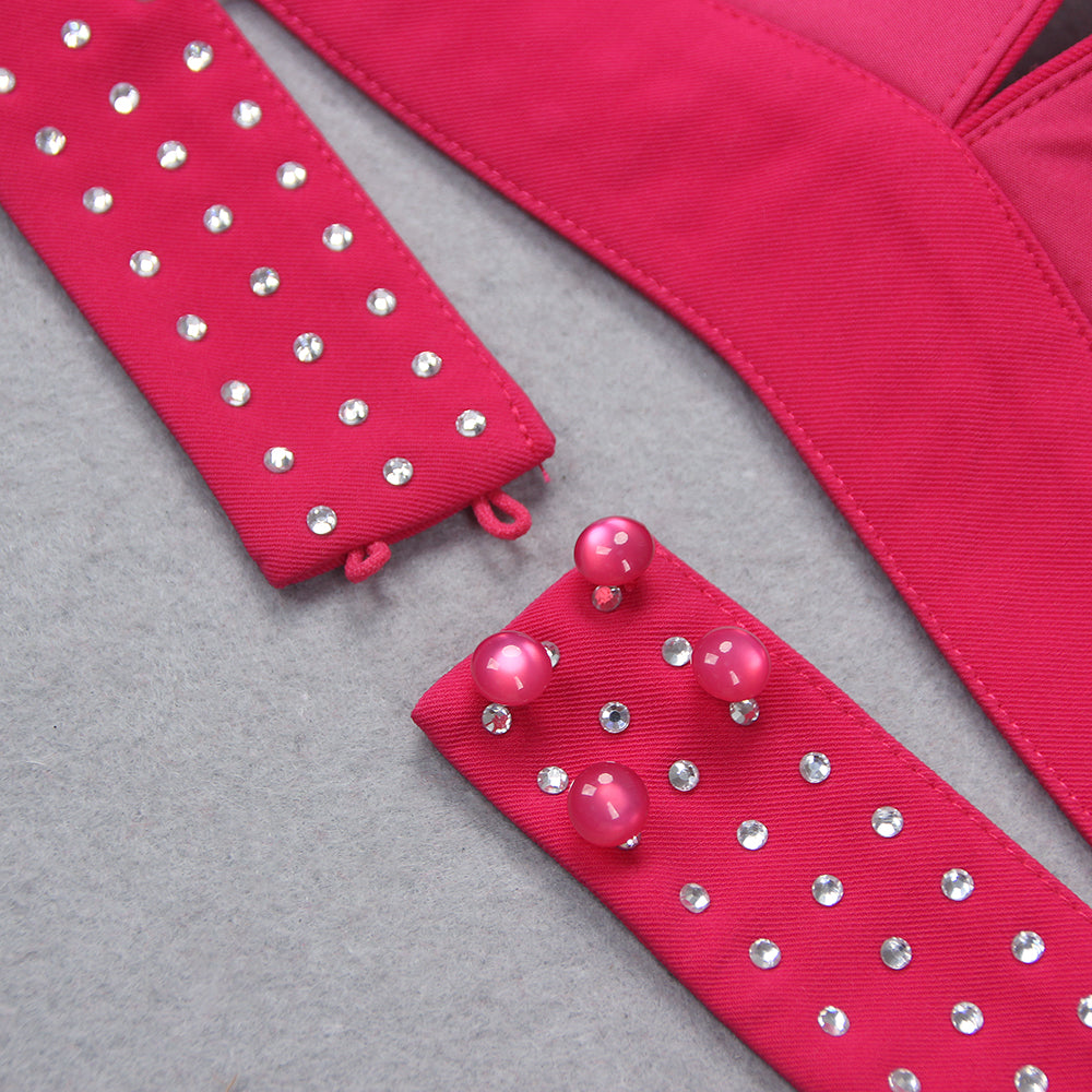 Sparkly Long Sleeve Three Piece Suit Hot Pink HV9601
