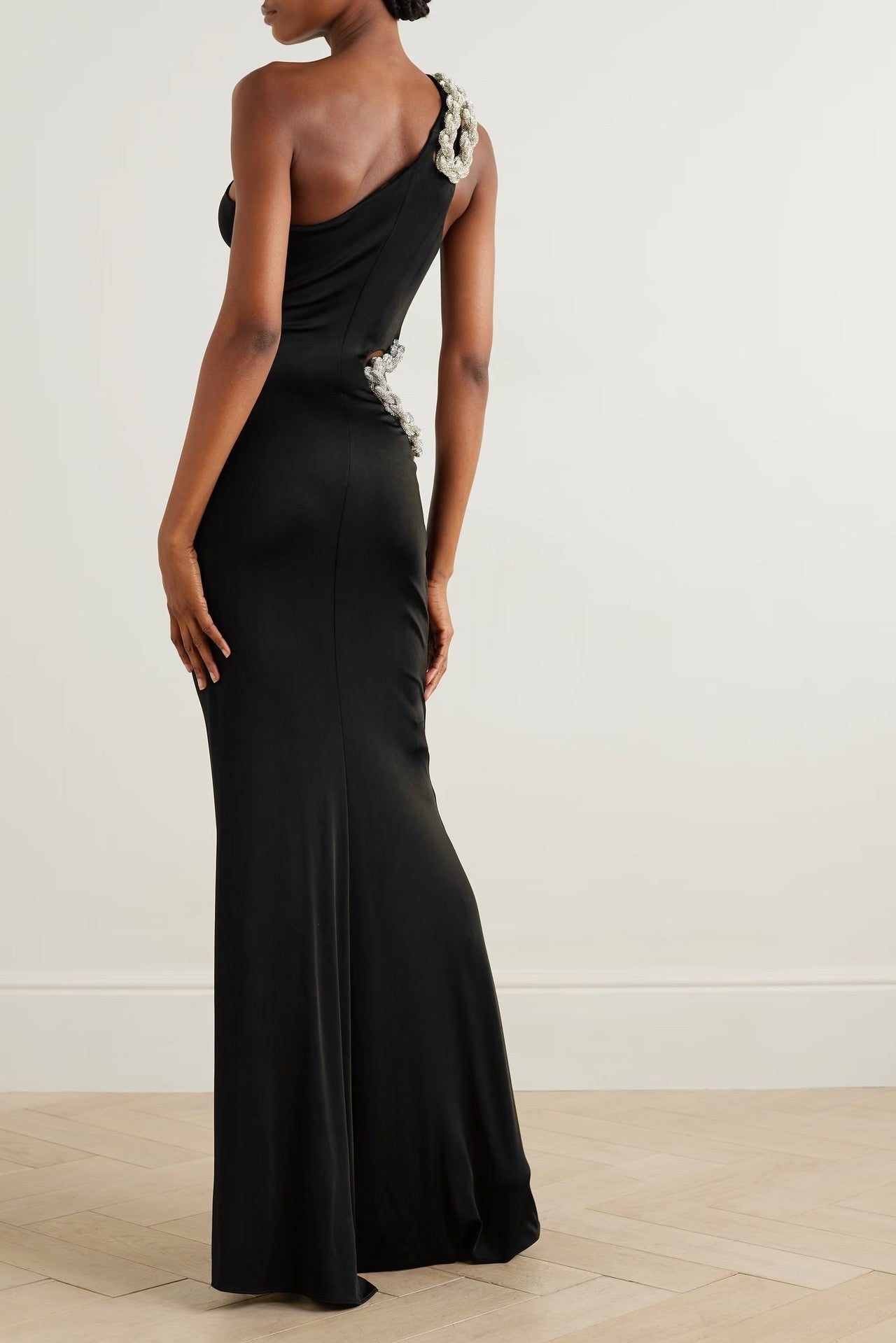 One Shoulder Crystal Chain Detail Maxi Dress Black HV3317