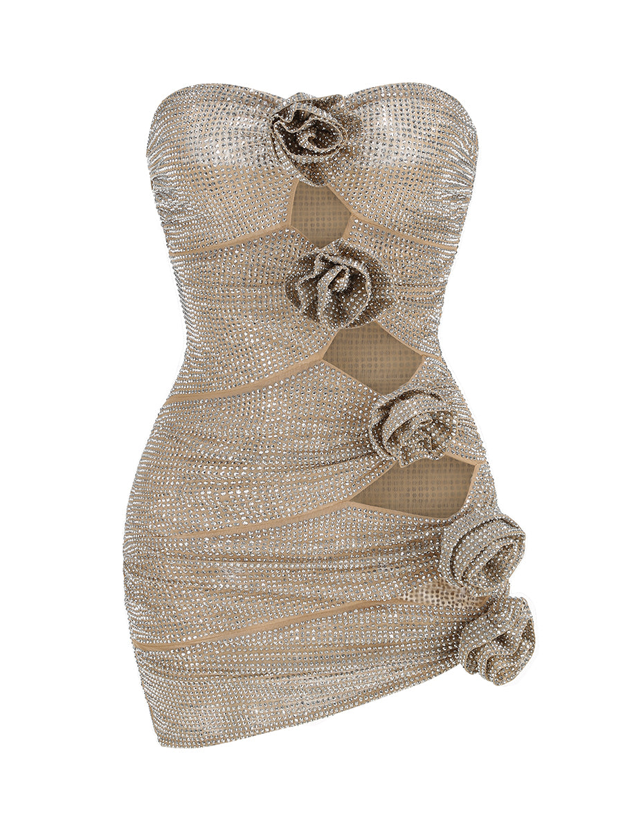 Strapless Floral Studded Dress Nude