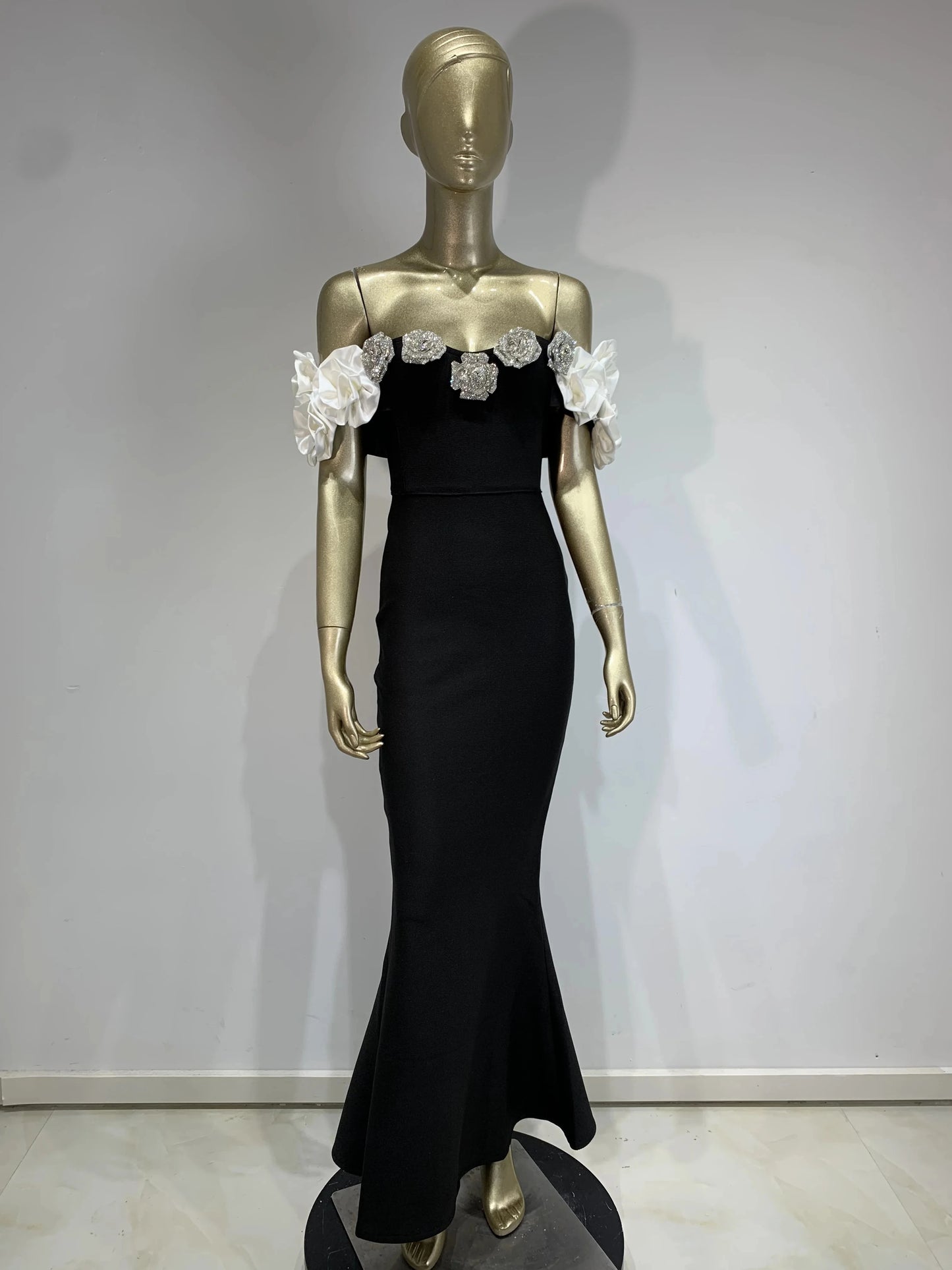 Floral Bardot Maxi Dress Black White HV1469