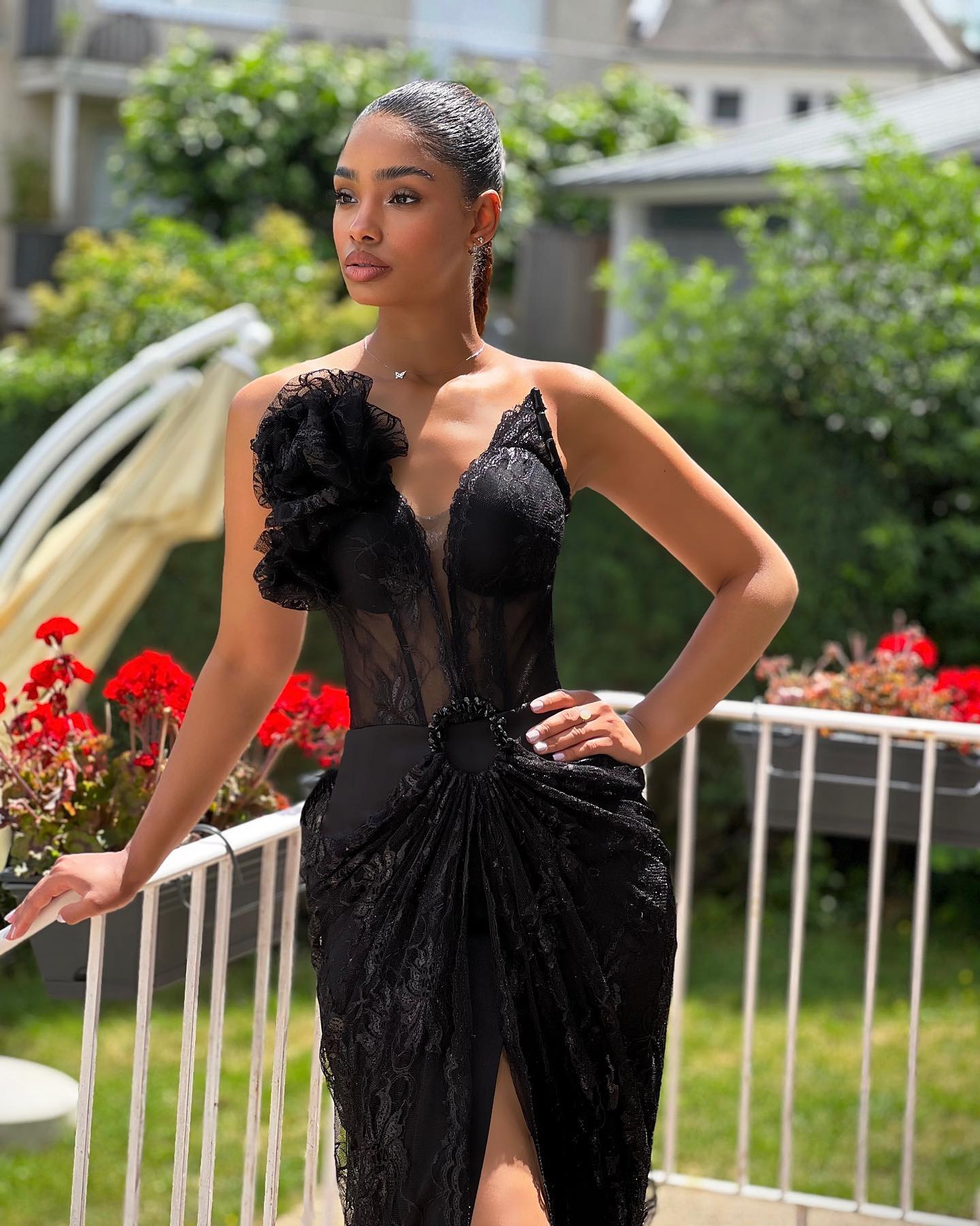 Strapless Floral Draped Lace Maxi Dress Black HV1140