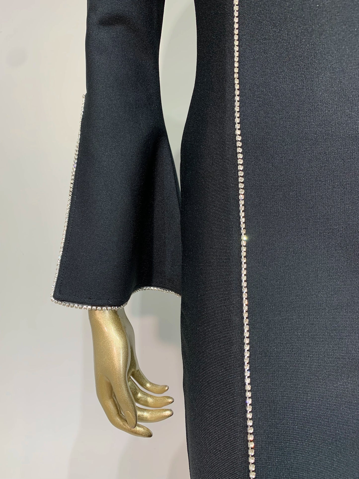 Long Sleeve Crystal Trim Midi Dress Black