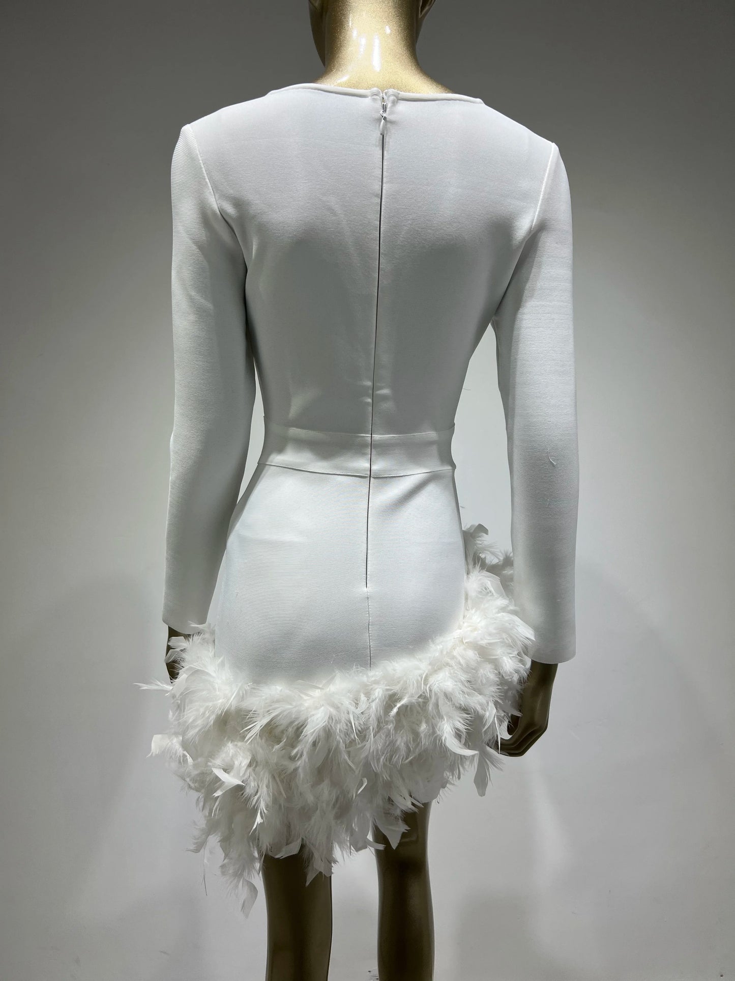 Long Sleeve Rhinestone Feather Dress HV9215
