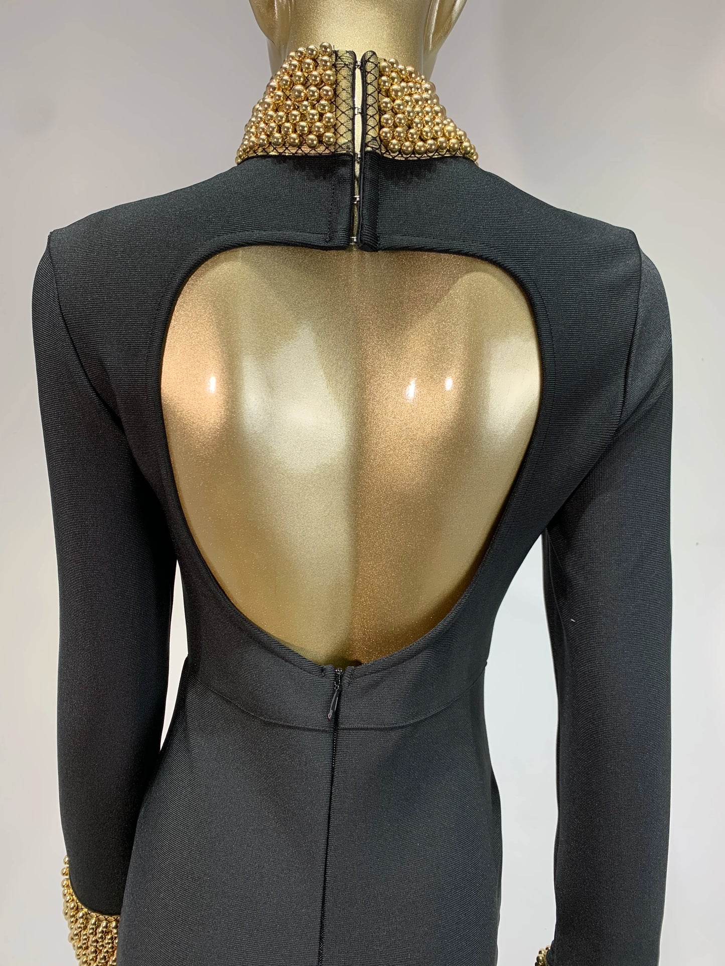Long Sleeve Embellished Backless Maxi Dress Black HV1739
