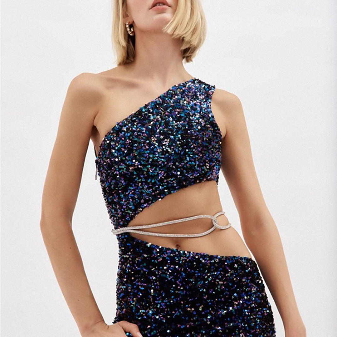 One Shoulder Sequin Crystal Dress Midnight Blue