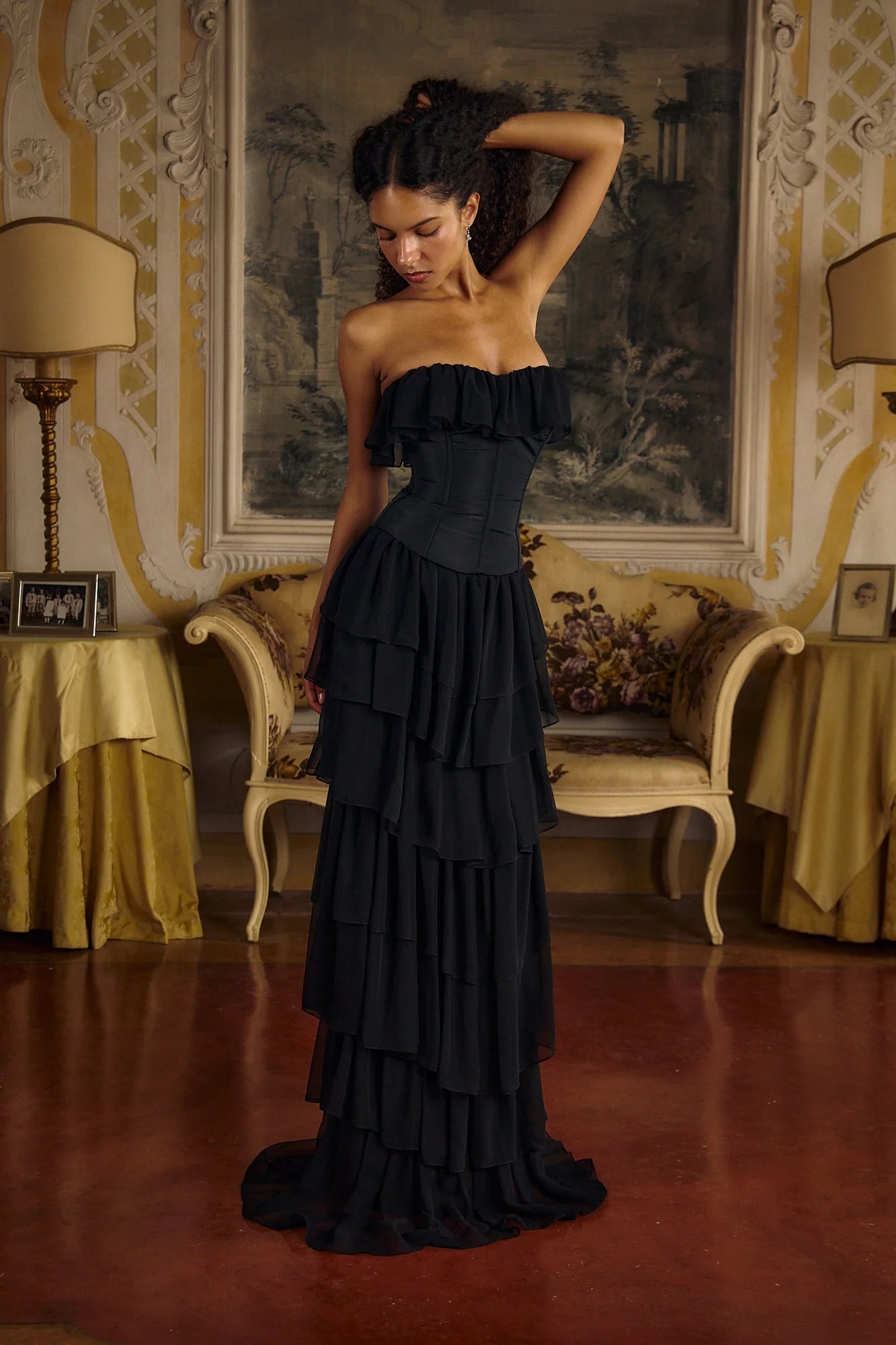Strapless Corset Ruffle Maxi Dress