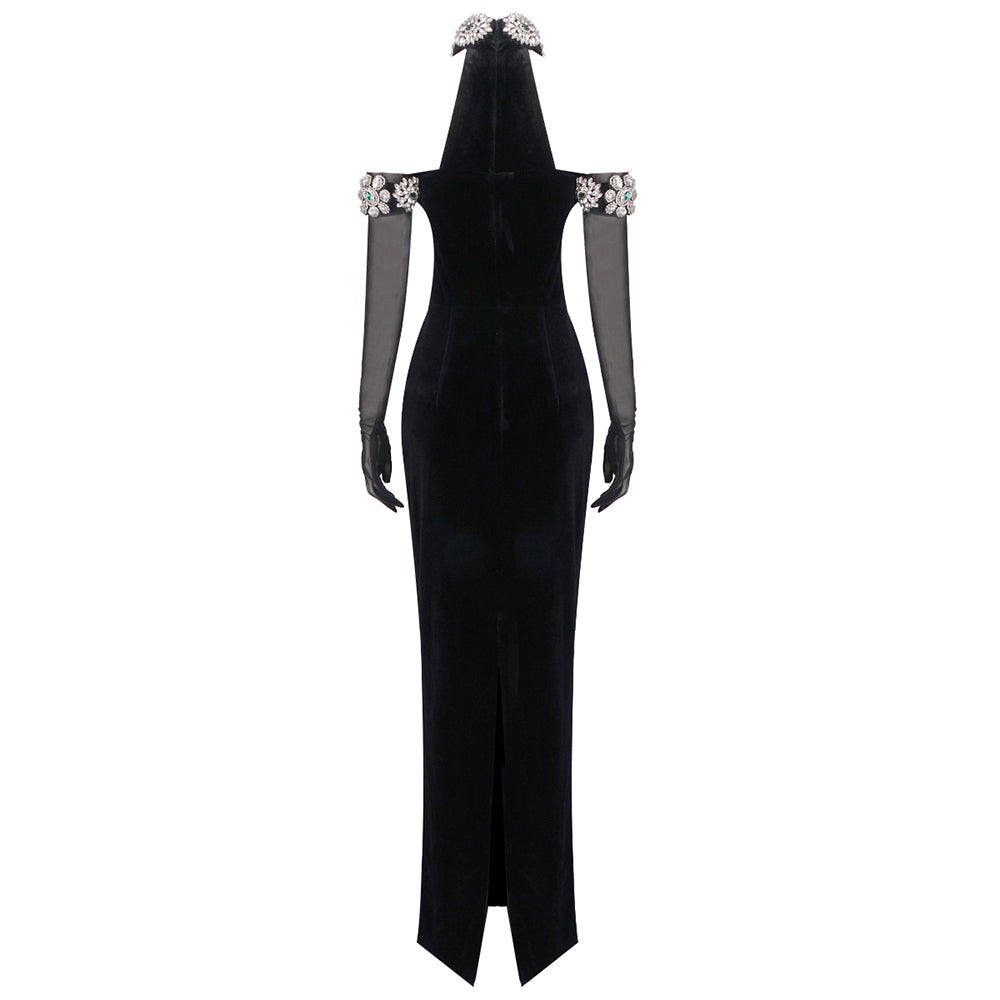 Halter Crystal Bardot Velvet Dress Maxi Black HV1495