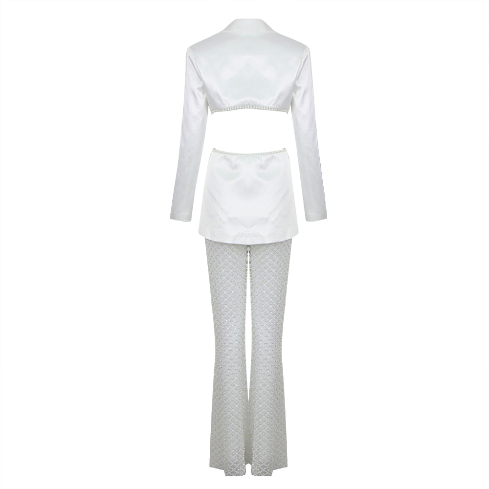 Long Sleeve Pearl Silk Suit White HV9953