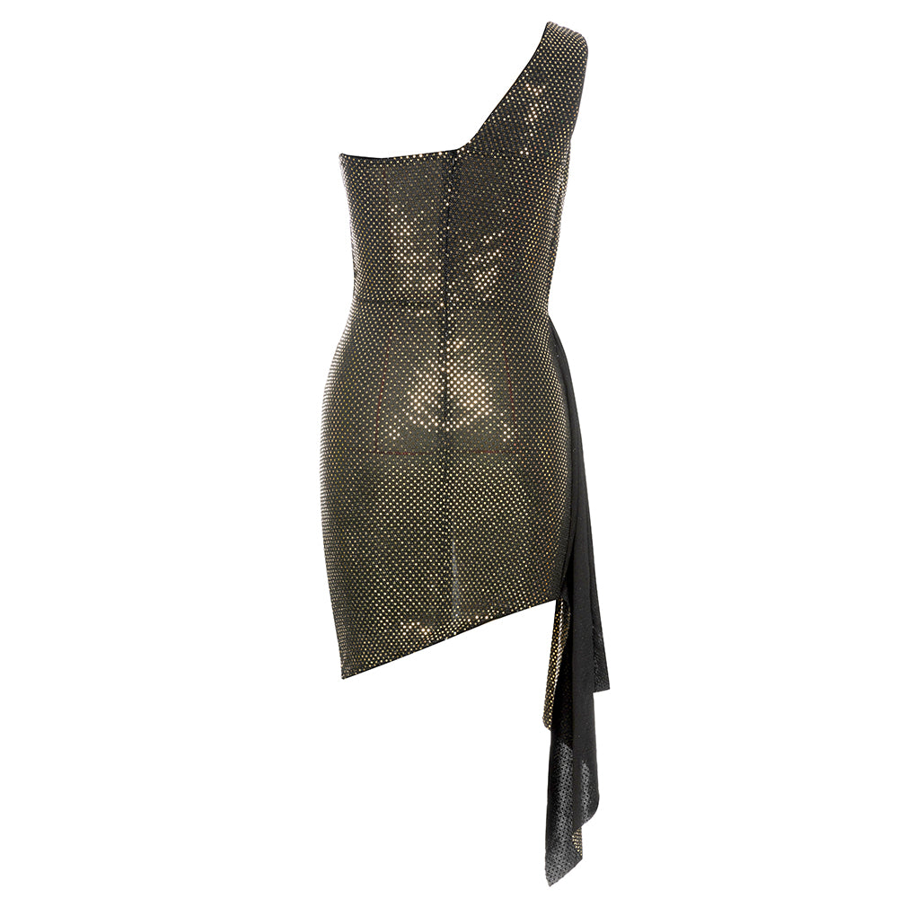 One Shoulder Mirrored Draped Dress Gold HV9829