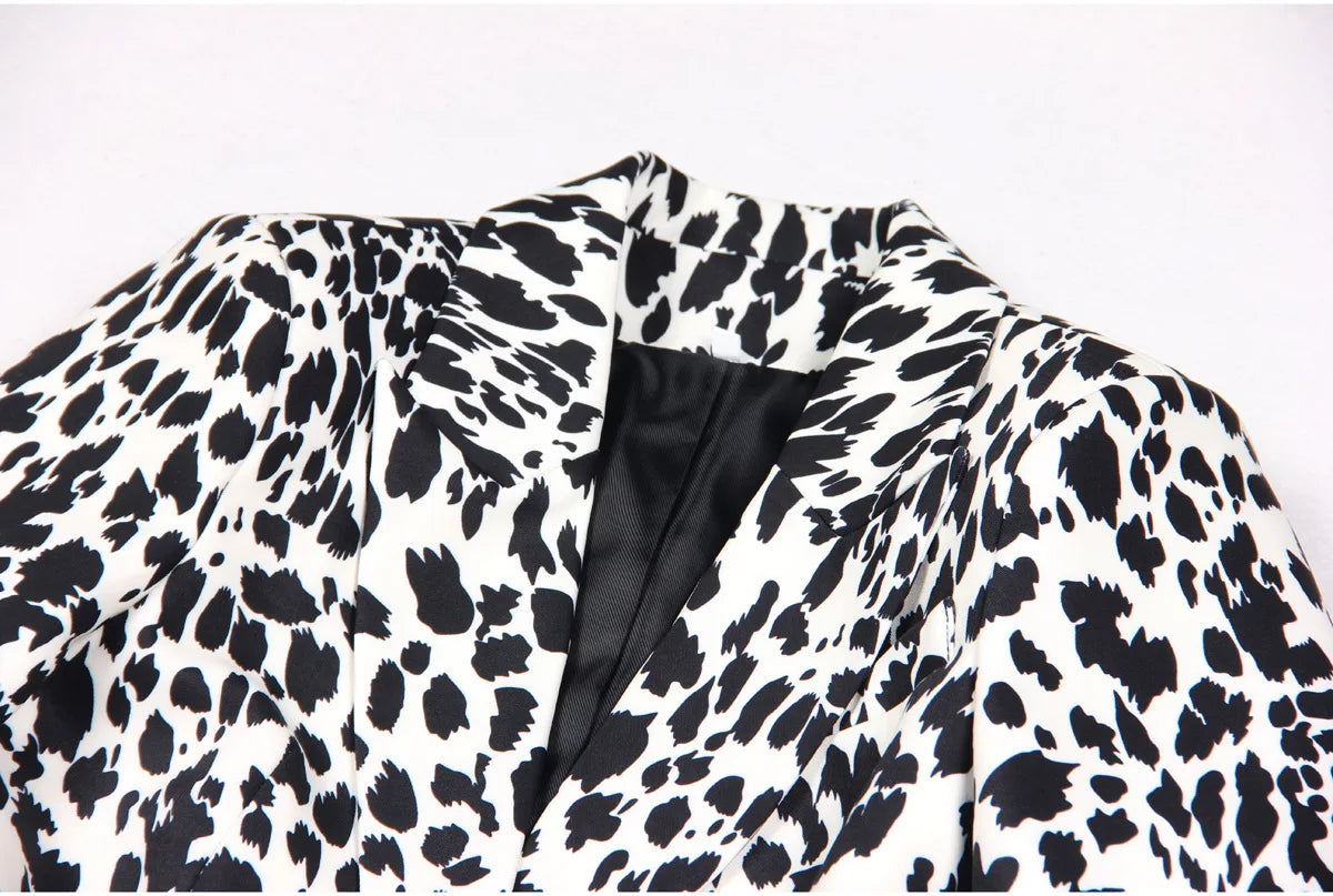 Long Sleeve Animal Print Blazer Black White