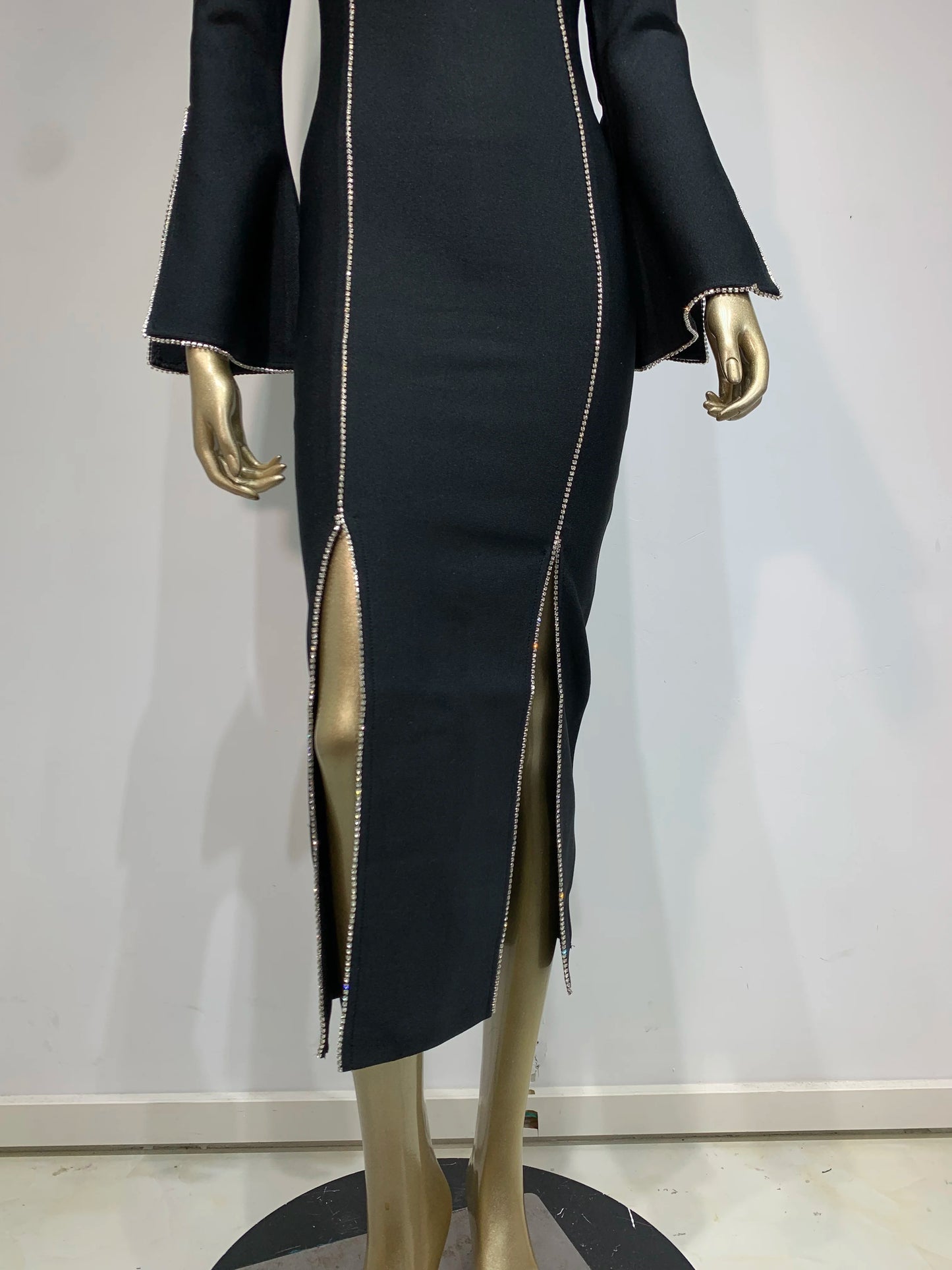 Long Sleeve Crystal Trim Midi Dress Black