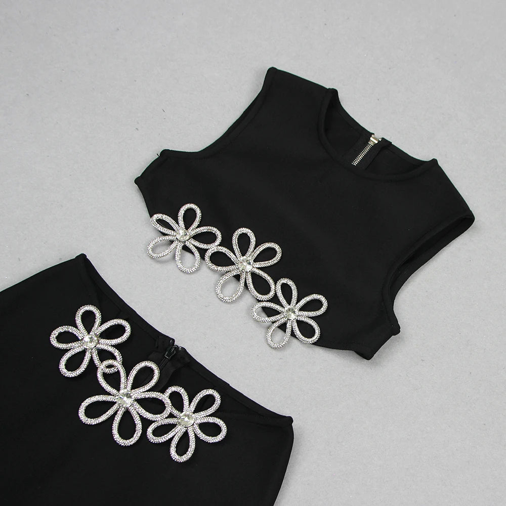 Crystal Flower Two Piece Dress Black HV9950