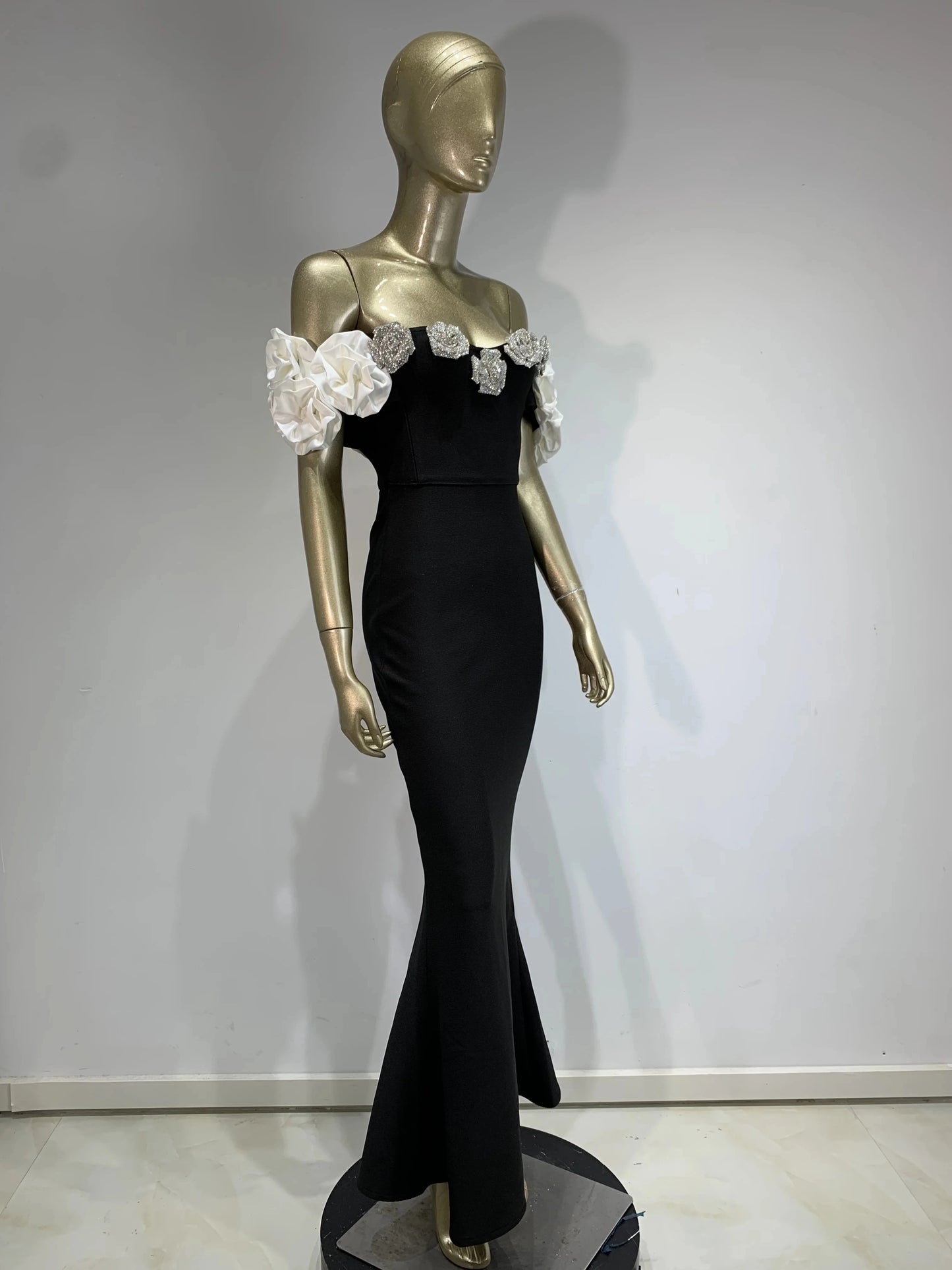 Floral Bardot Maxi Dress Black White HV1469