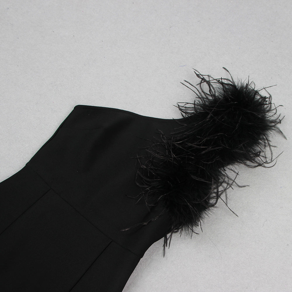 Feather One Shoulder Mermaid Maxi Dress Black HV9959