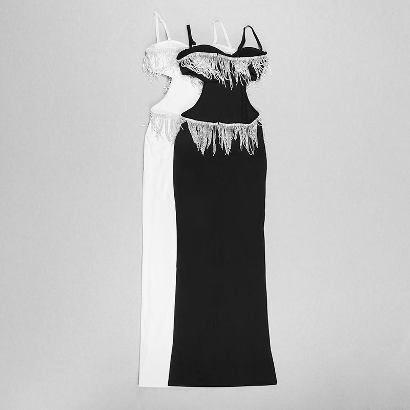 Bustier Rhinestone Tassel Maxi Dress Black HV8372