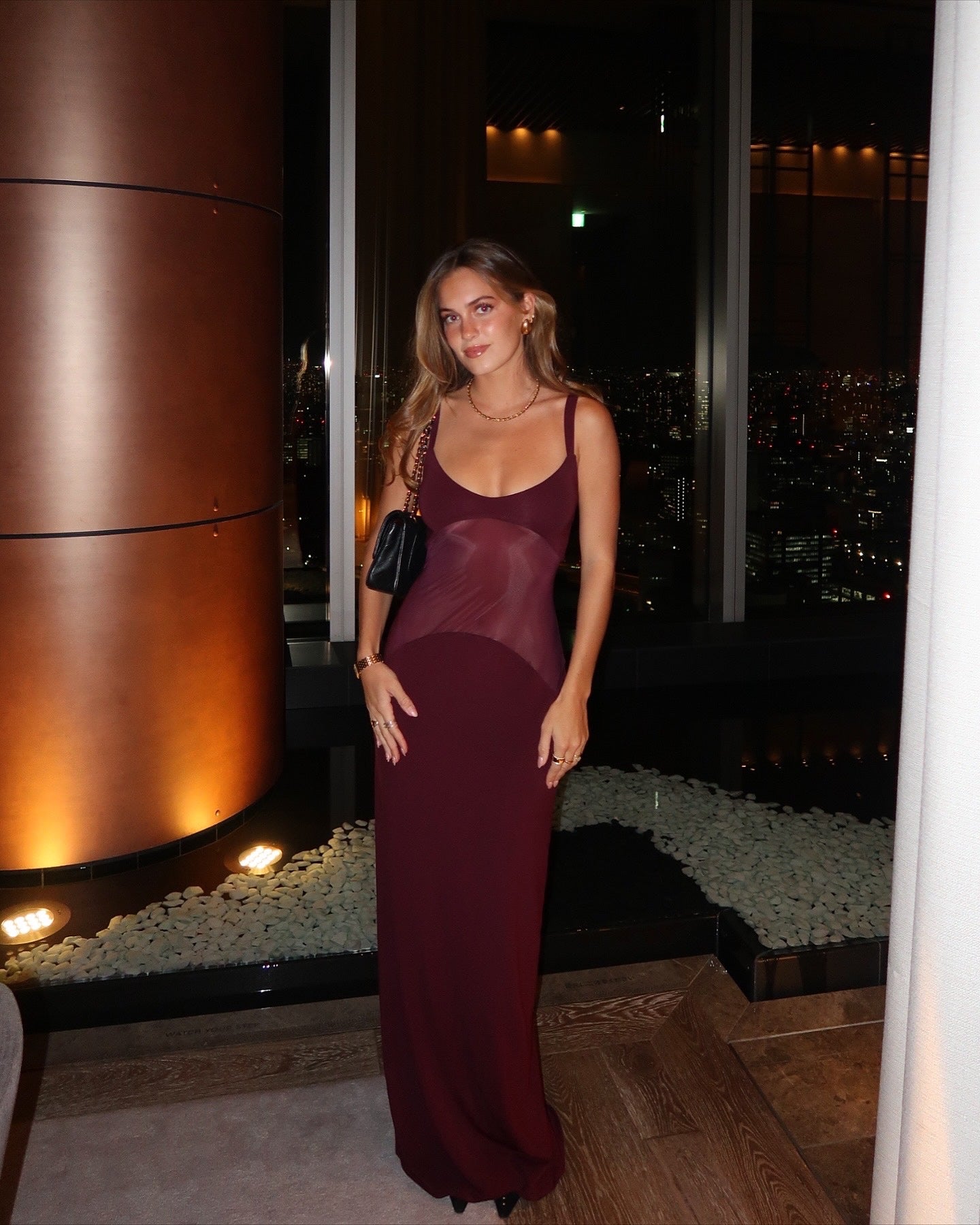 Mesh Insert Maxi Dress Burgundy HV2032