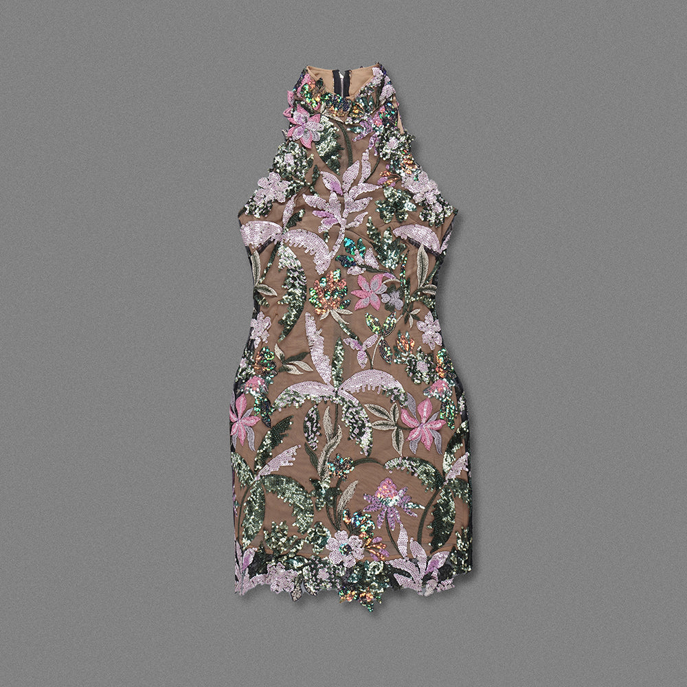 Floral Embroidered Sequin Dress Green Pink HV1600