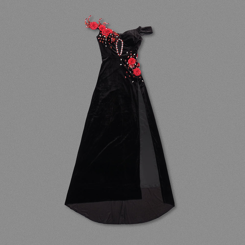 Floral Crystal Bardot Maxi Velvet Dress Black Red HV1831
