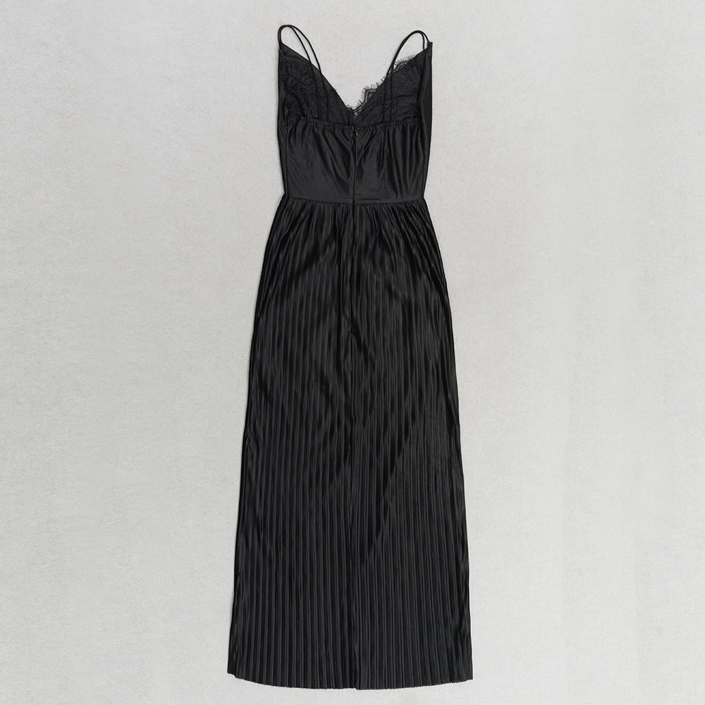 Lace Insert Pleated Maxi Dress Black HV9823
