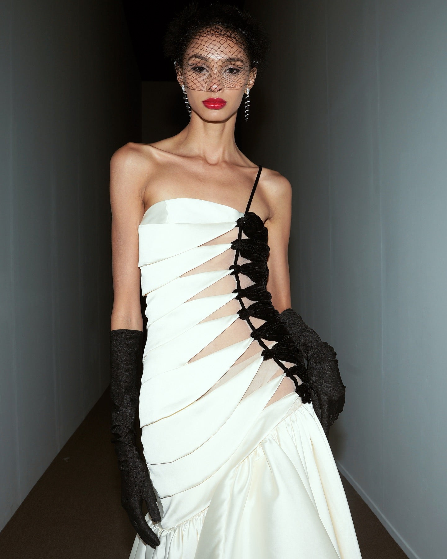 One Shoulder Velvet Insert Maxi Dress Black White HV2075