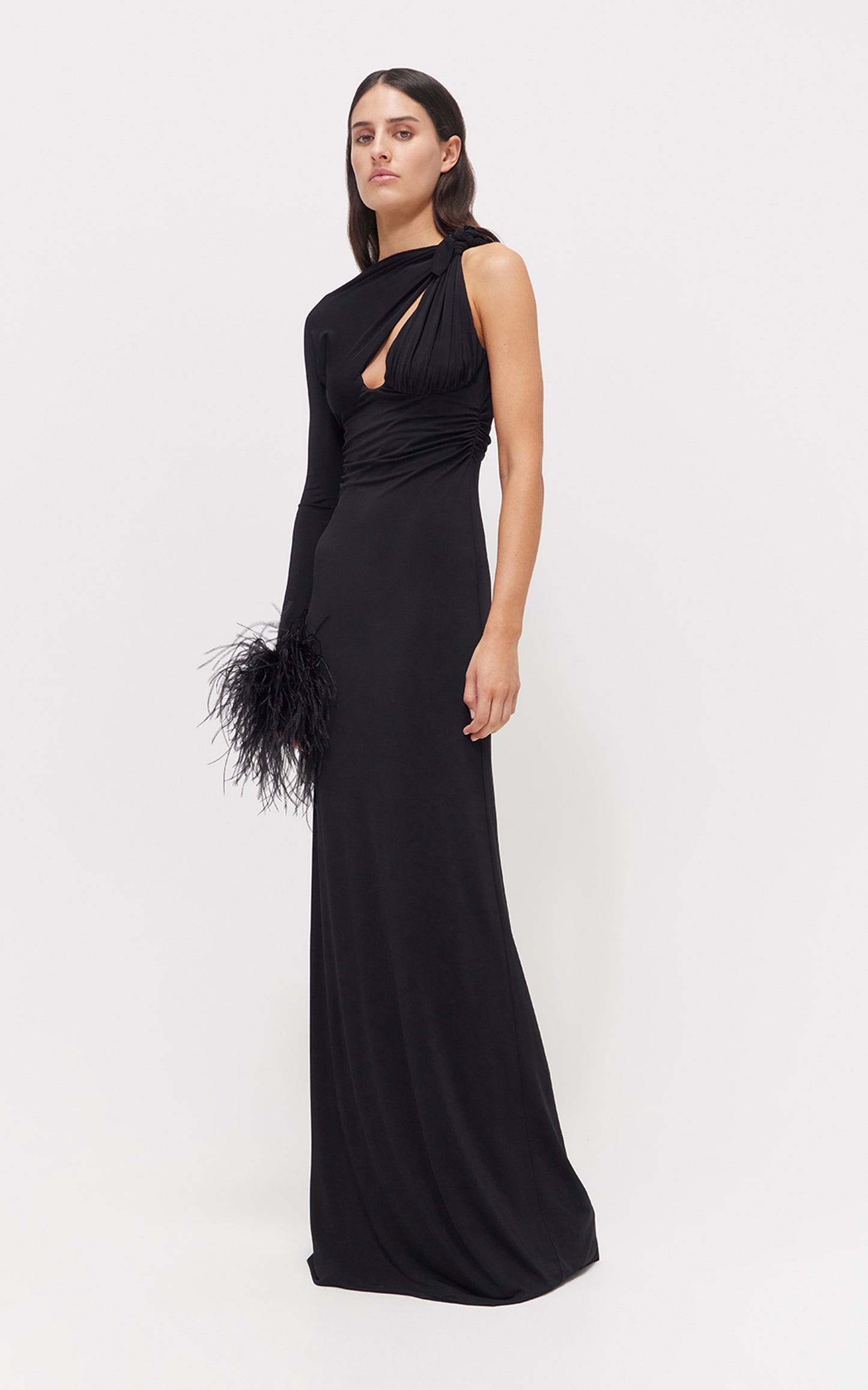 One Sleeve Feather Maxi Dress Black HV1081