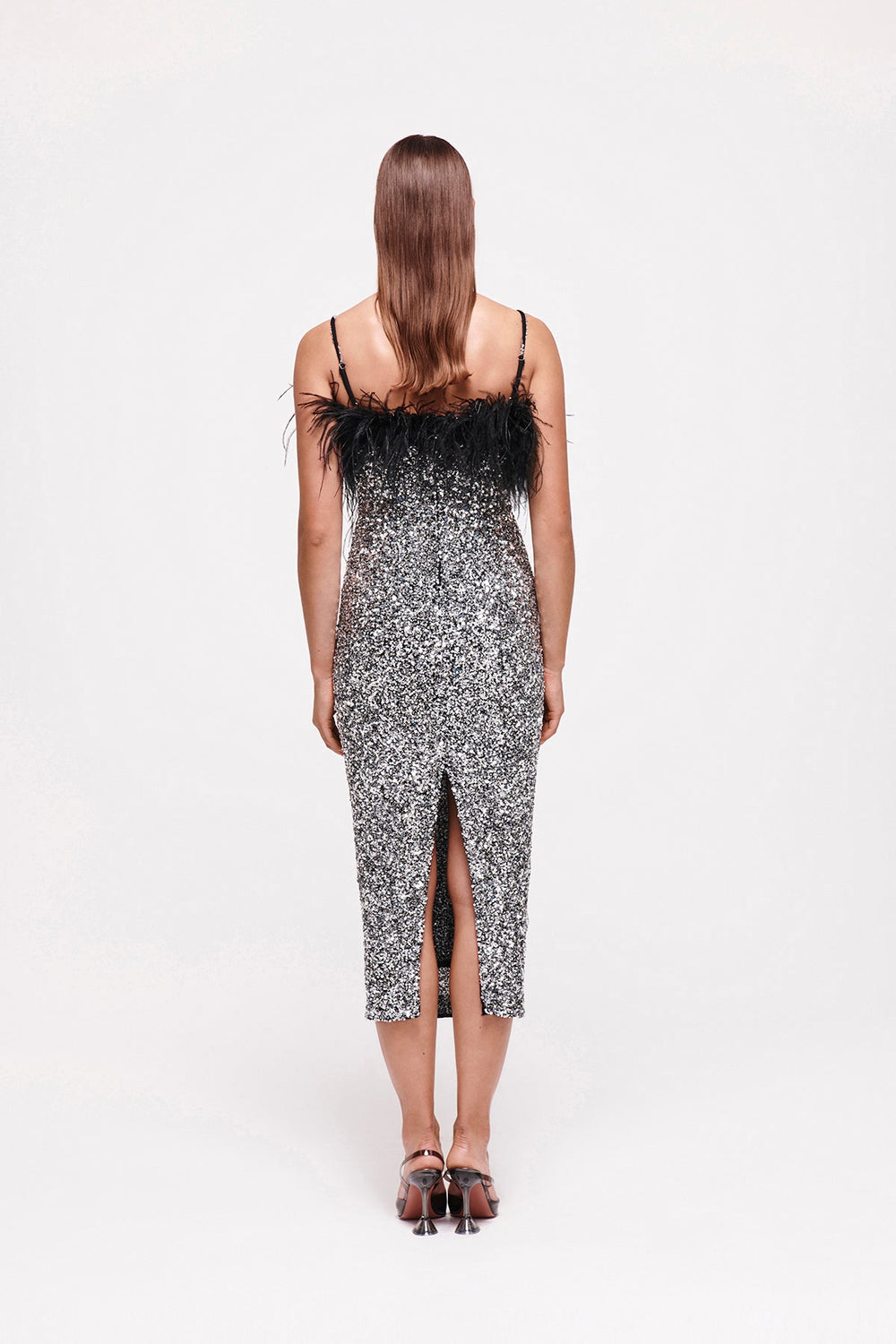 Feather Detail Sequin Midi Dress Pink White