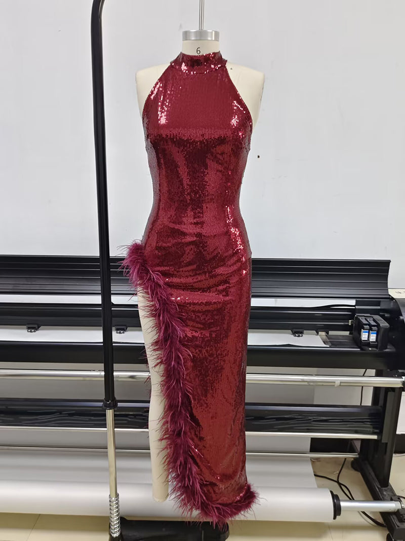 Halter Sequin Feather Maxi Dress Red