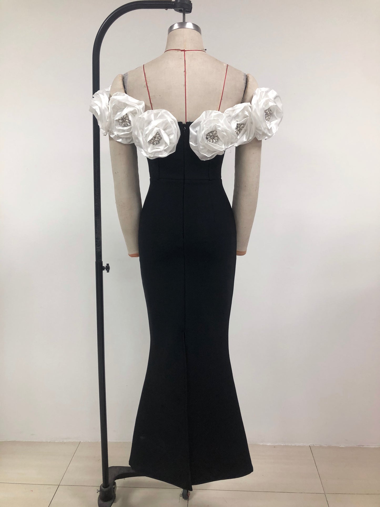Crystal Detail Floral Bardot Maxi Dress Black White HV1395
