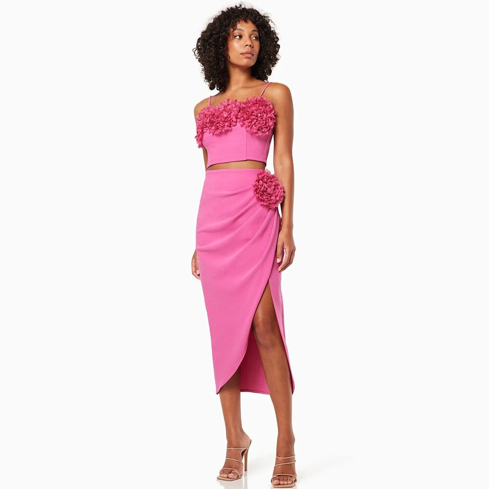 Flower Detail Two Piece Midi Dress Hot Pink