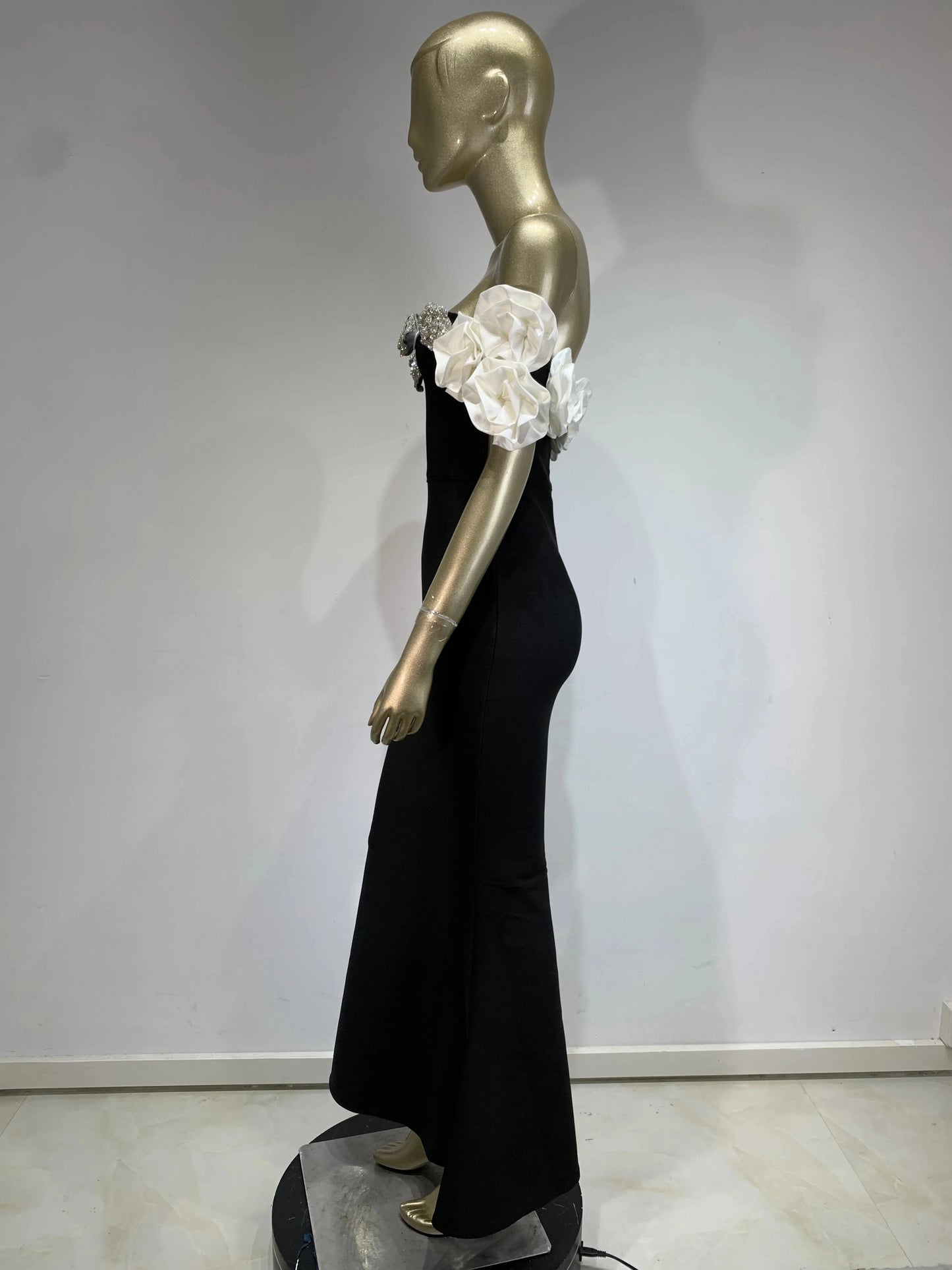 Floral Bardot Maxi Dress Black White HV1469