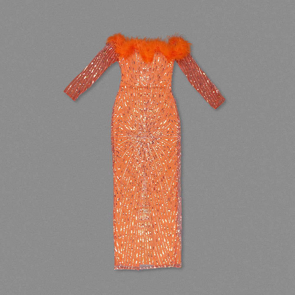 Long Sleeve Feather Bardot Sequin Maxi Dress HV1757