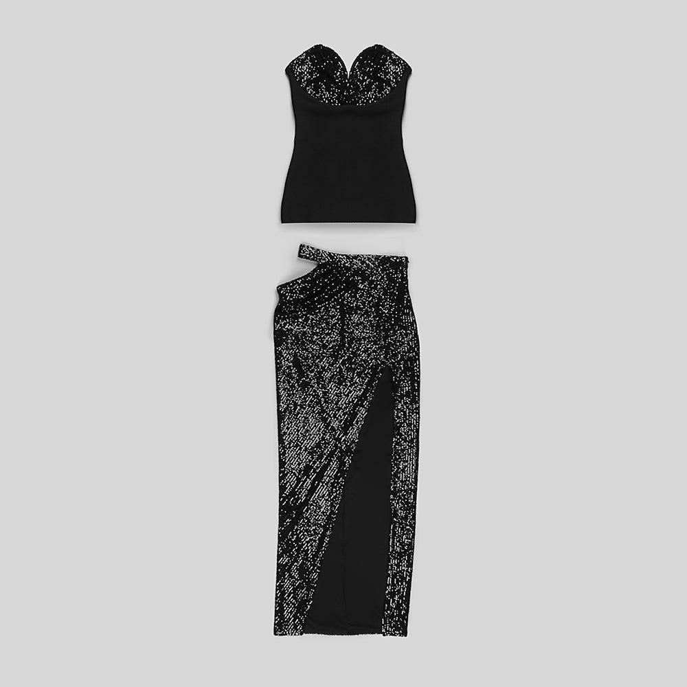 Strapless Sequin Two Piece Maxi Dress Black HV9217