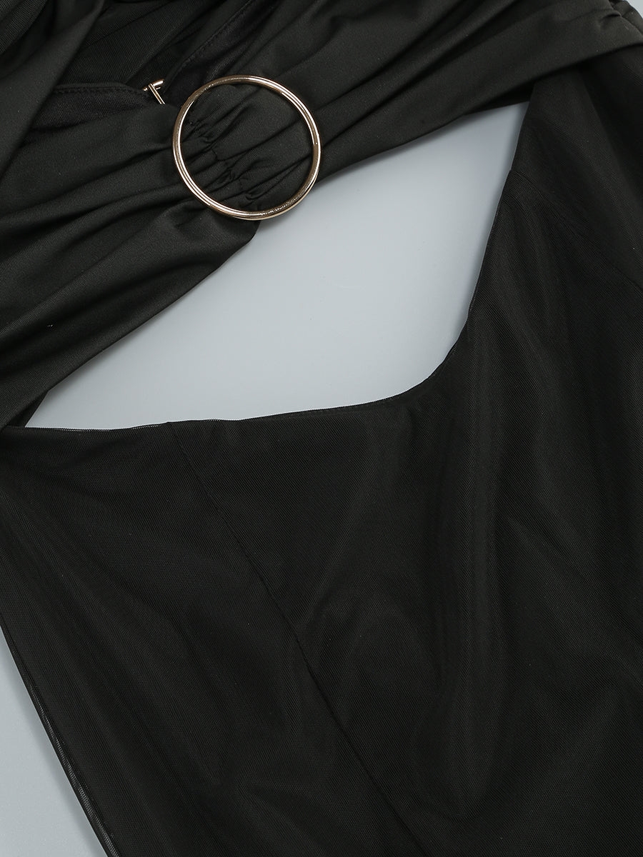 Long Sleeve Bardot Draped Mesh Maxi Dress Black HV1647