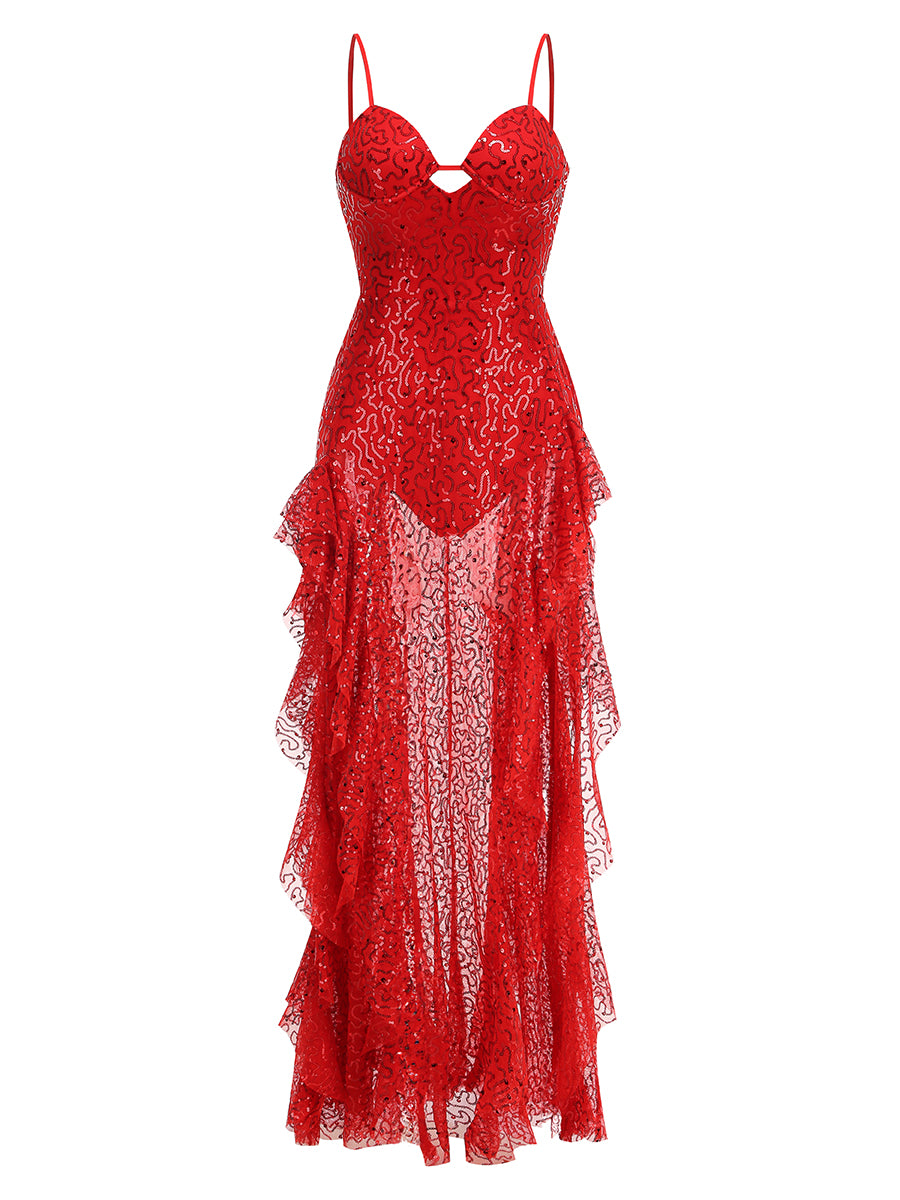 Bustier Sequin Ruffle Maxi Dress Red