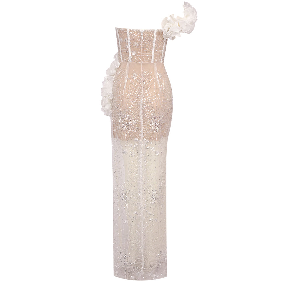Ruffle Bardot Embellished Maxi Dress White HV1725