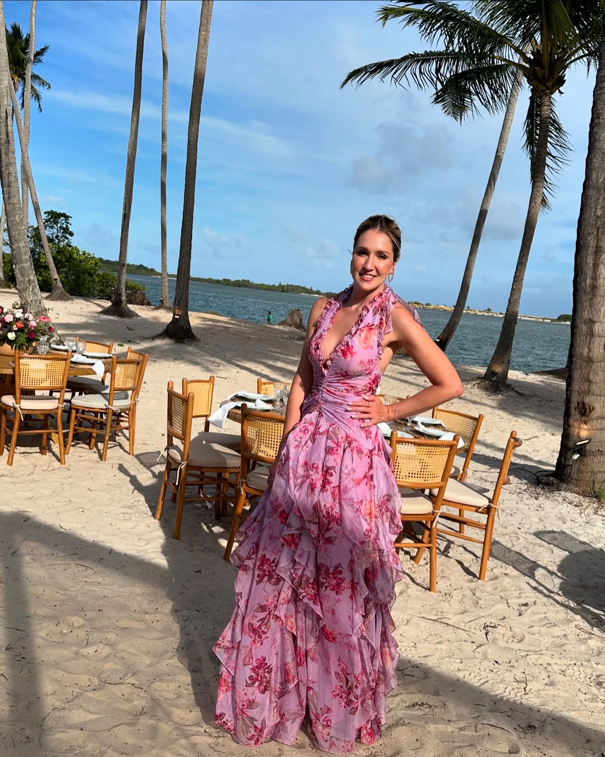 Halter Floral Ruffle Maxi Dress Pink HV2137