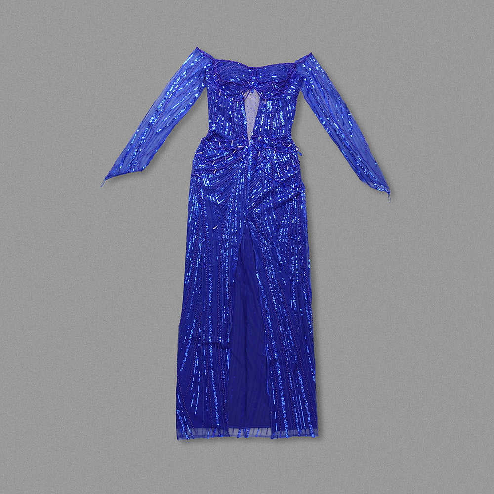 Long Sleeve Bardot Sequin Maxi Dress Blue HV1678