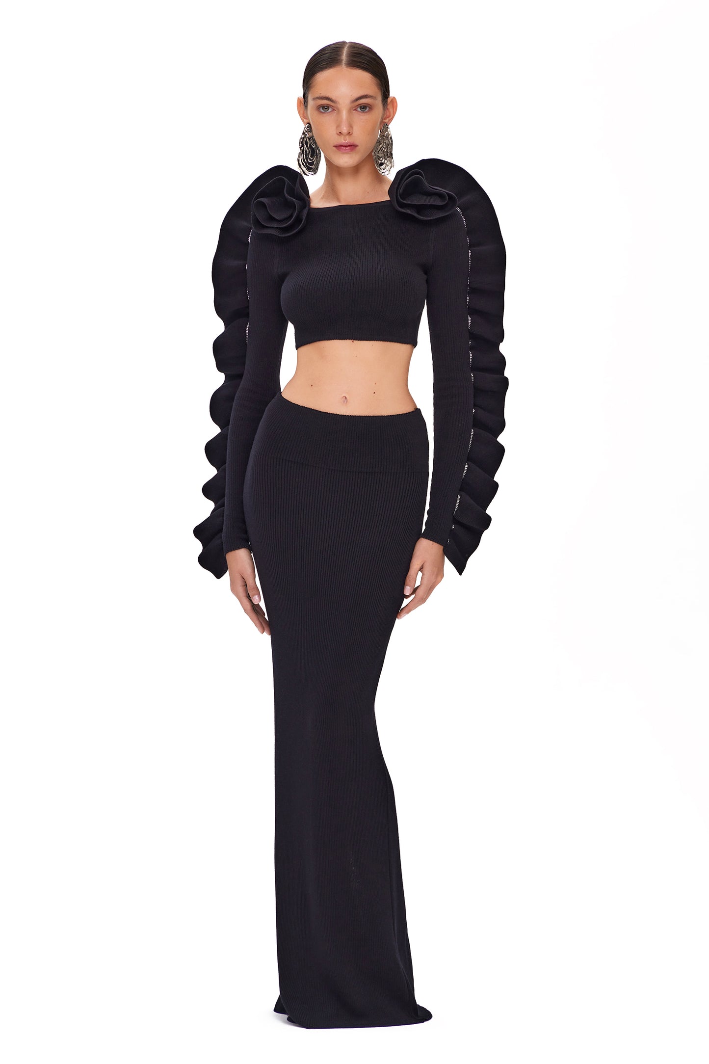 Ruffle Long Sleeve Two Piece Maxi Dress Black HV1030