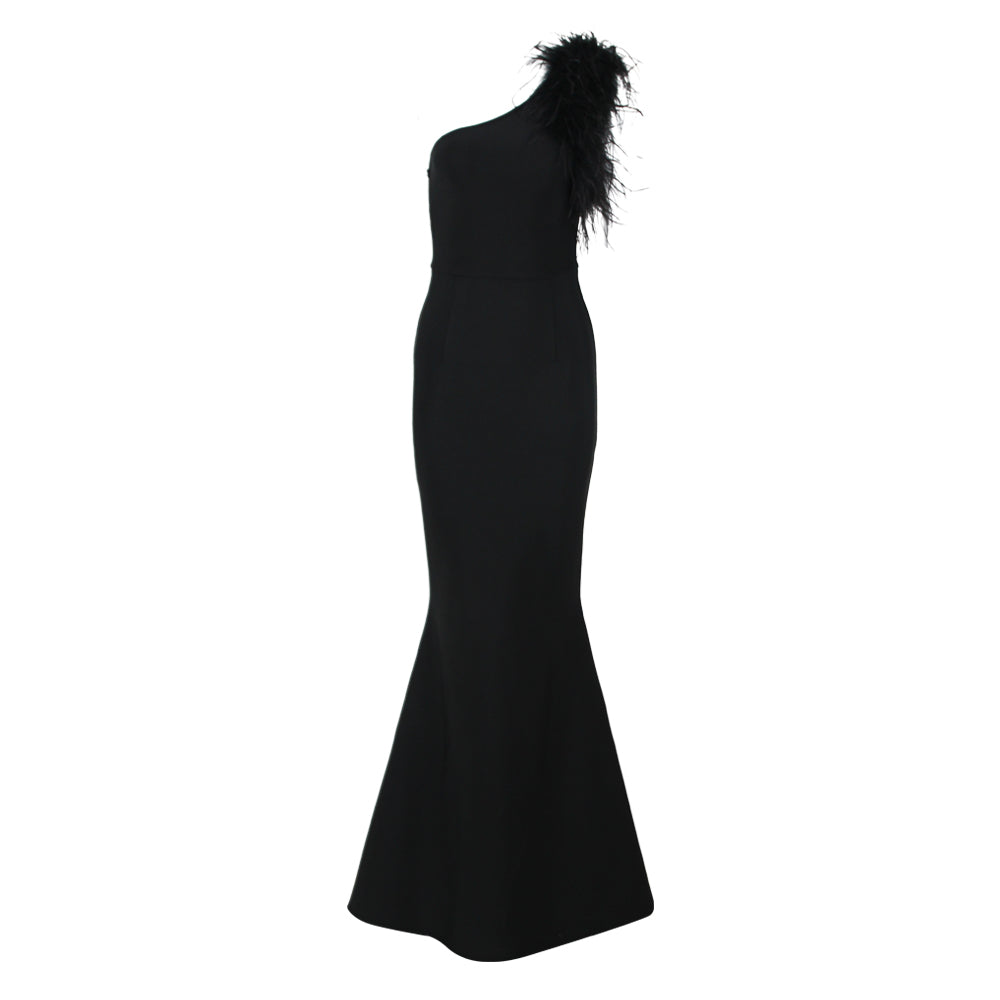 Feather One Shoulder Mermaid Maxi Dress Black HV9959