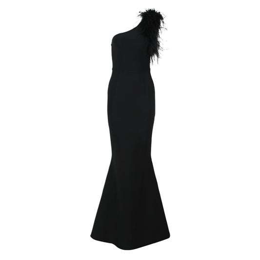 Feather One Shoulder Mermaid Maxi Dress Black HV9959