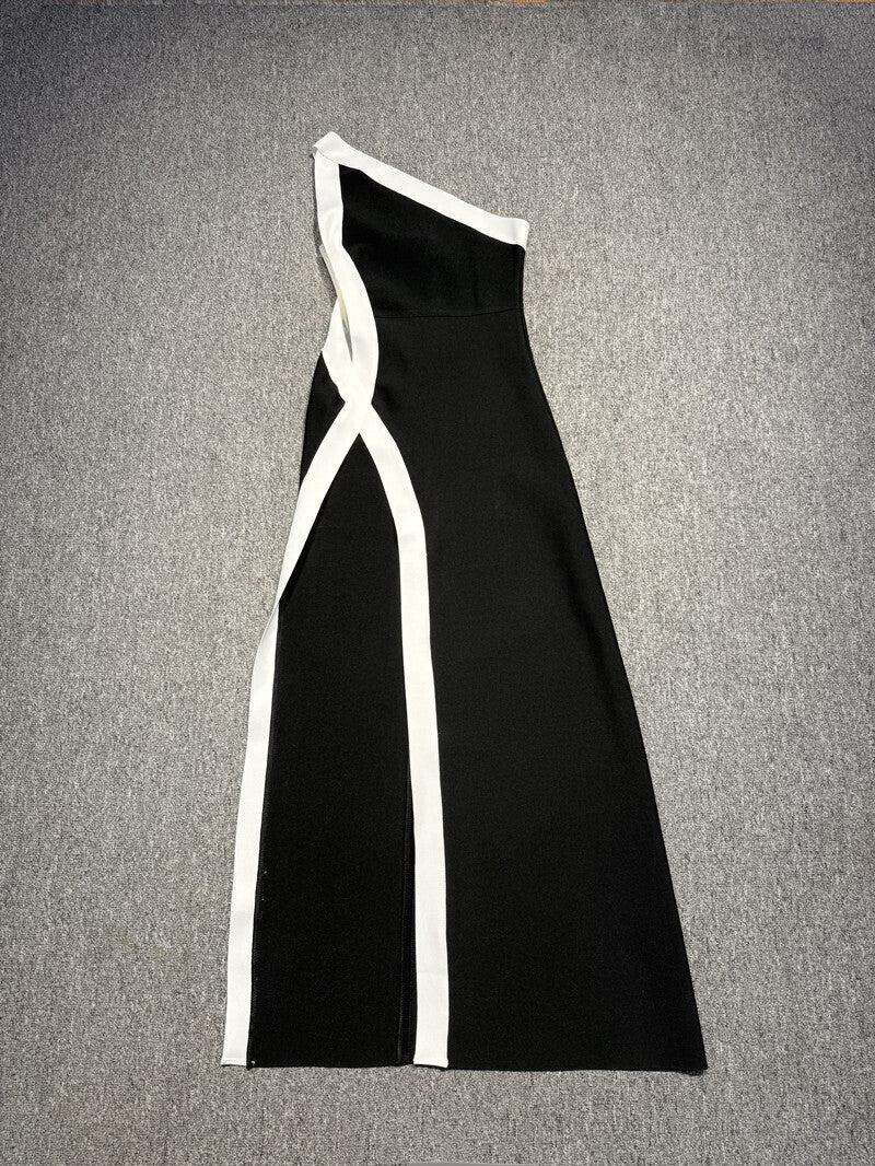 One Shoulder Maxi Dress Black White HV2379