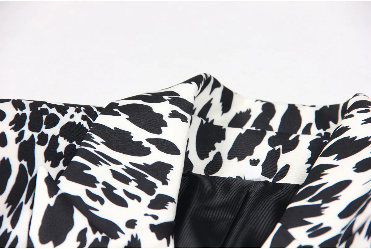 Long Sleeve Animal Print Blazer Black White