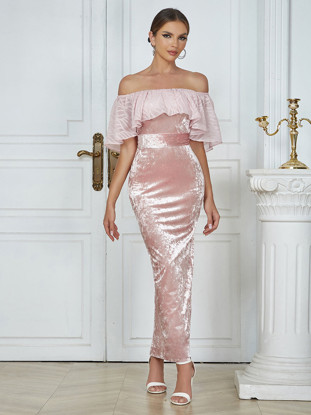 Ruffle Off Shoulder Maxi Velvet Dress Pink HV9754