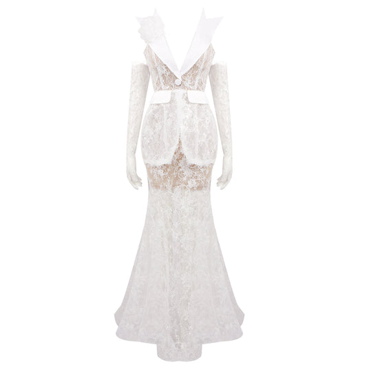Strapless Lace Mermaid Maxi Dress White HV1318