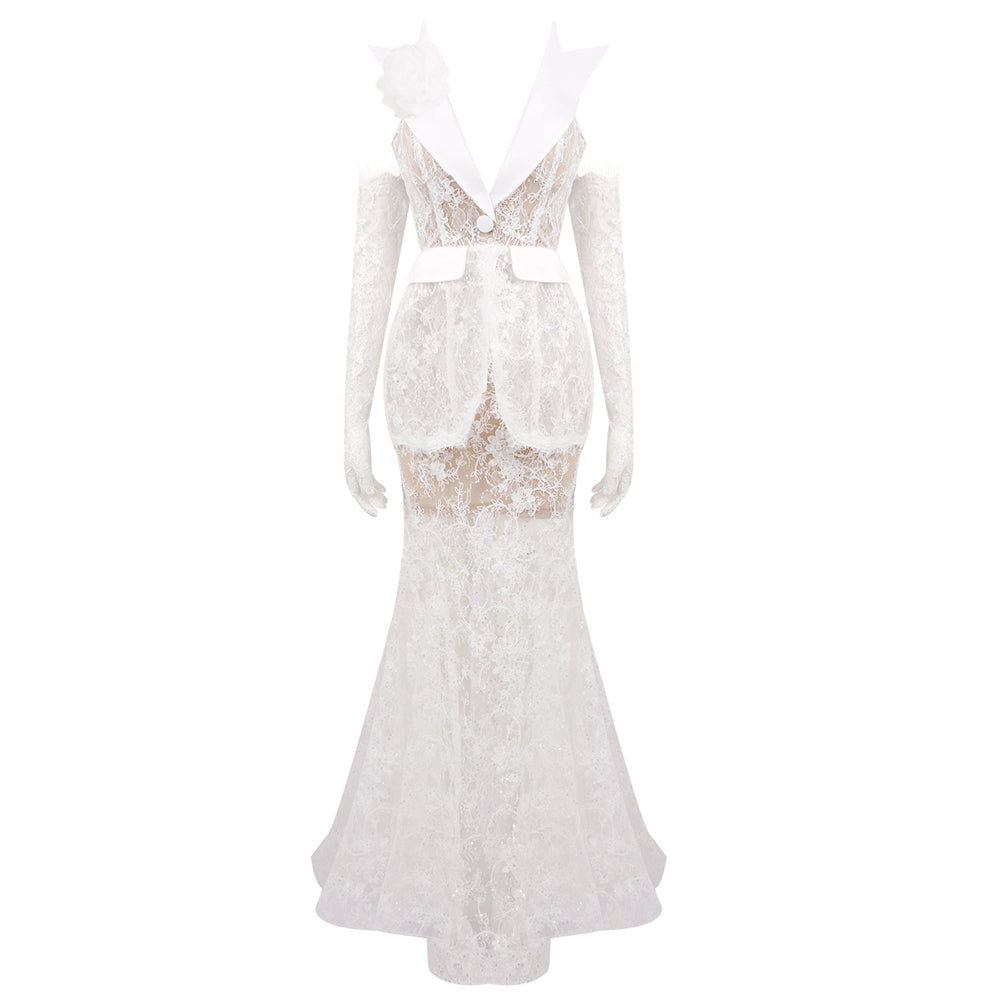 Strapless Lace Mermaid Maxi Dress White HV1318