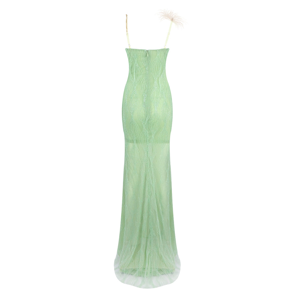Feather Detail Maxi Dress Green Gold HV2228