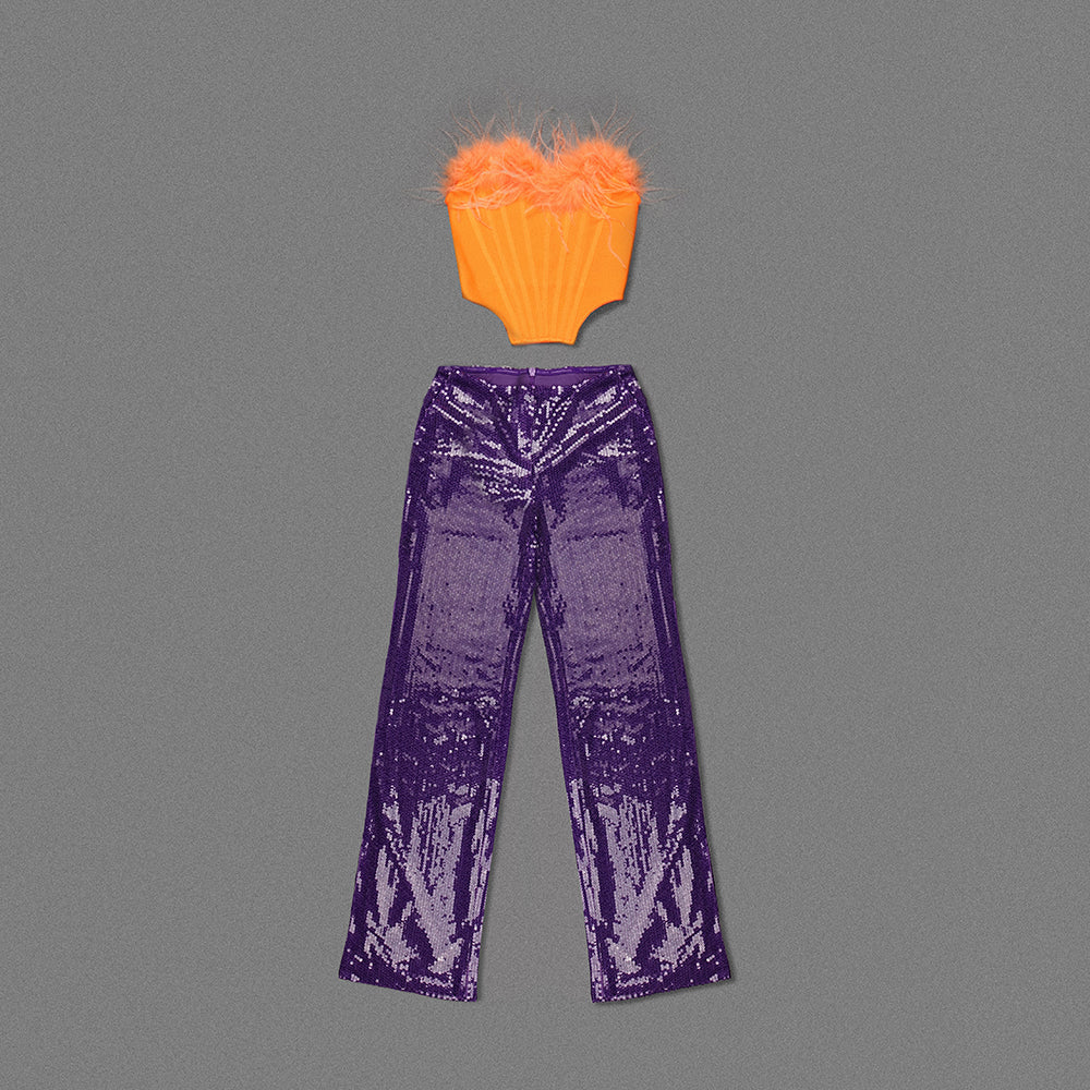 Strapless Feather Two Piece Jumpsuit Orange Purple HV9937
