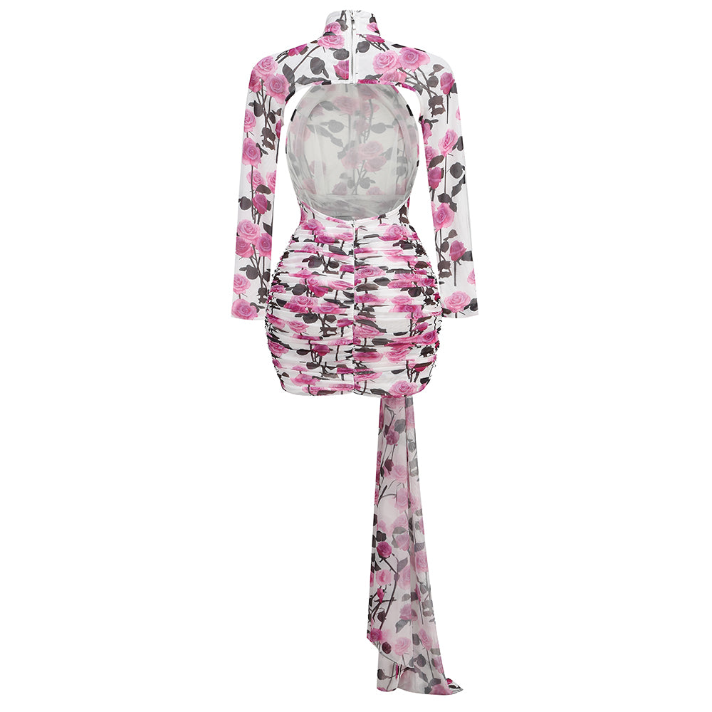 Long Sleeve Floral Backless Dress Pink HV1938